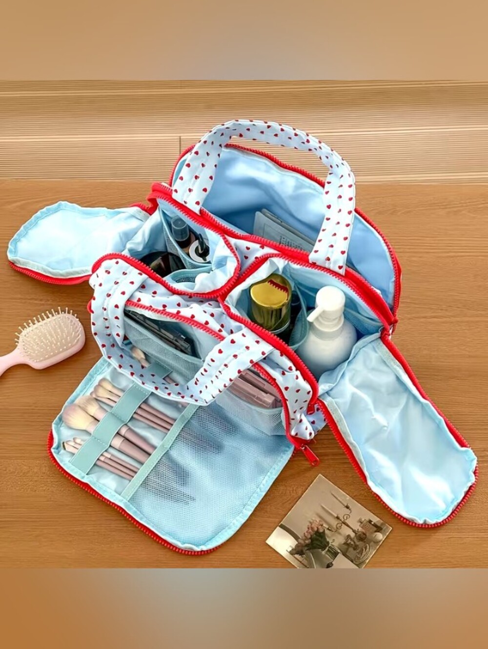 Red Hearts Cosmetic Toiletries Travel Bag Case